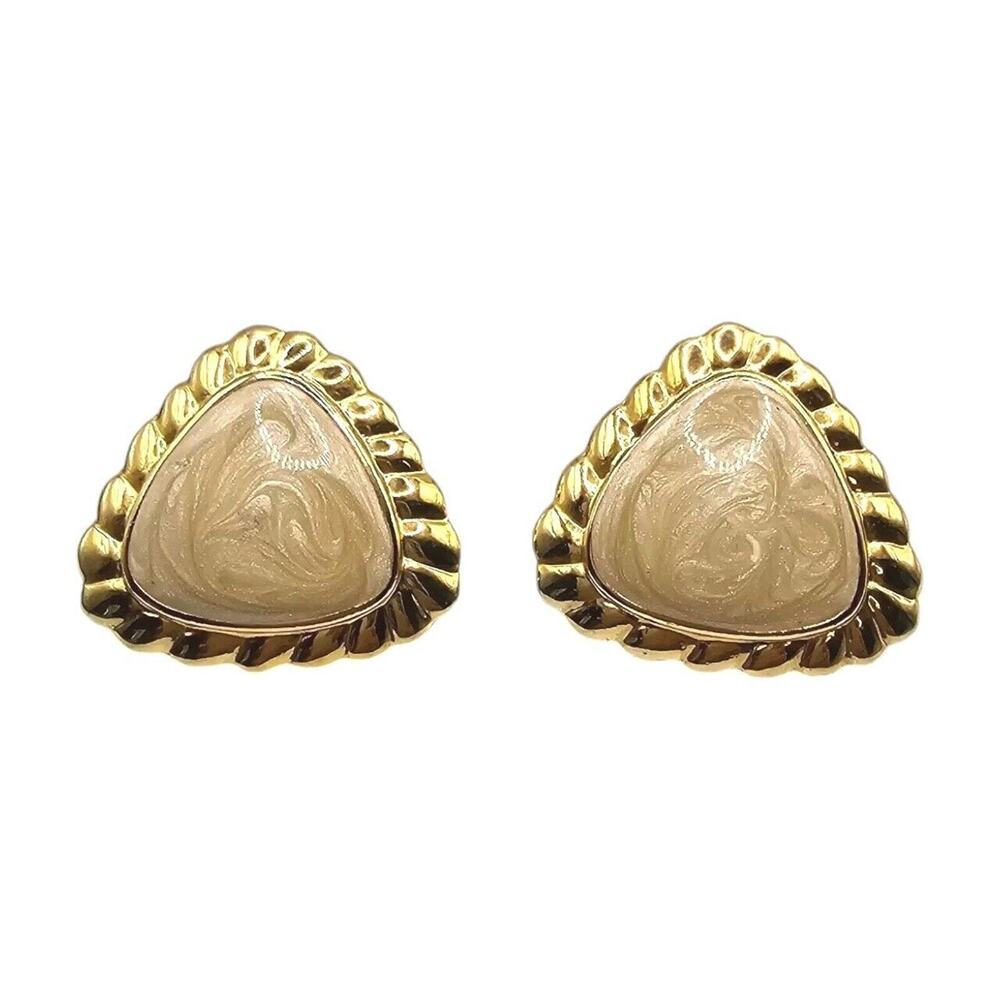 Vintage Cream Enamel Earrings Retro Geometric Triangle Shape Rope Design SKU P35